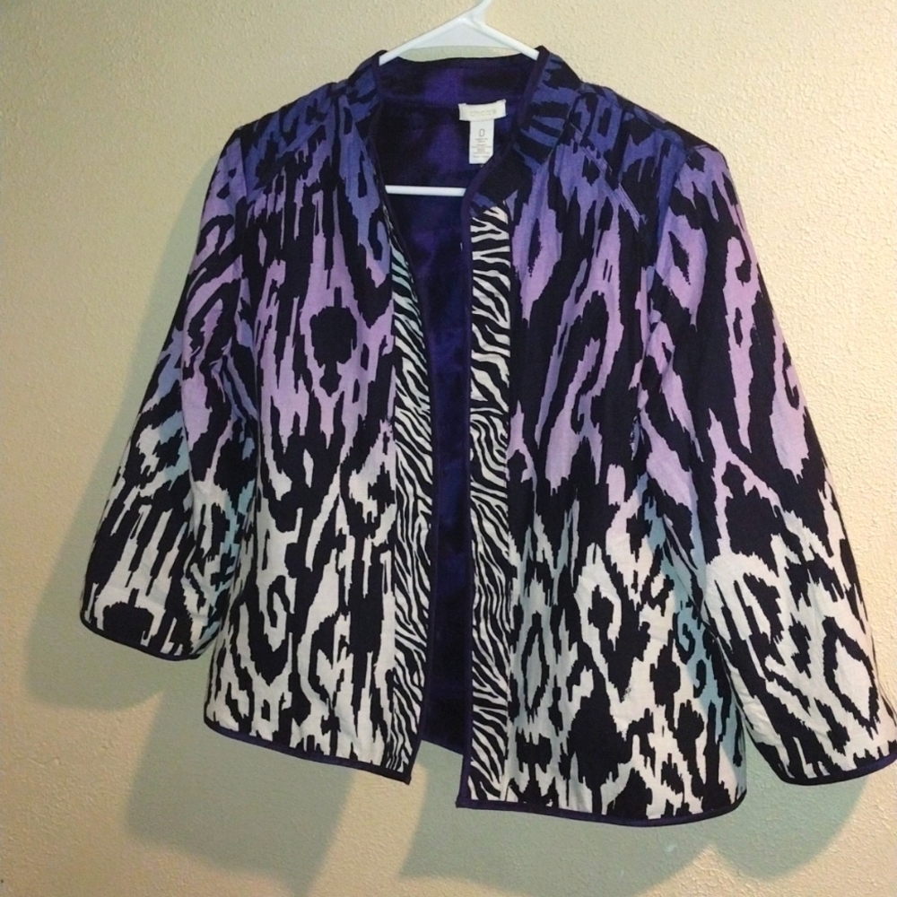 NWT Chico's Animal Print Purple Reversible Blazer Jacket 3/4 Sleeve 0/S